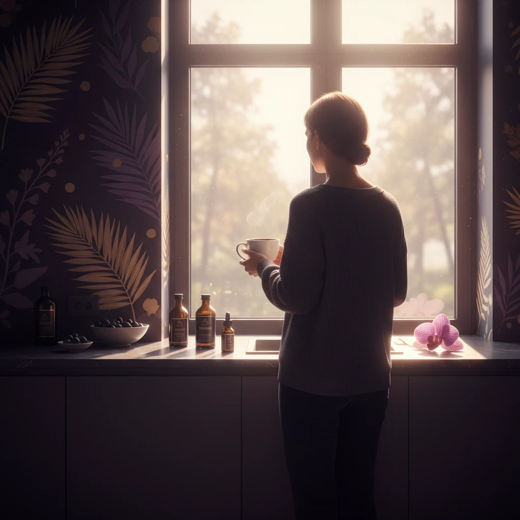 Anonymous person from behind holding a white coffee mug at a bright kitchen window - morning wellness lifestyle