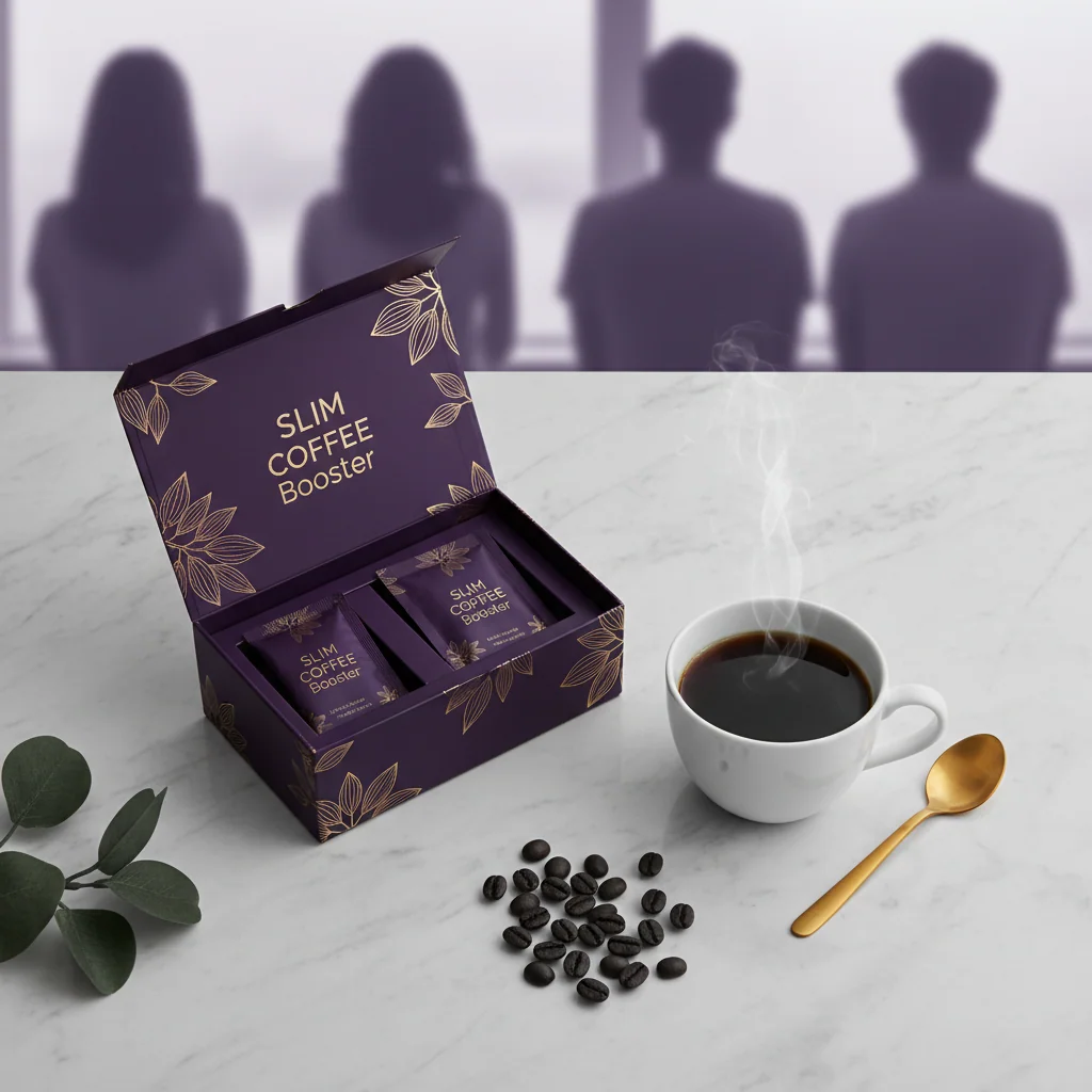 Morning wellness flat lay: Slim Coffee Booster box, white mug with steaming coffee, coffee beans and green plant sprig on marble surface